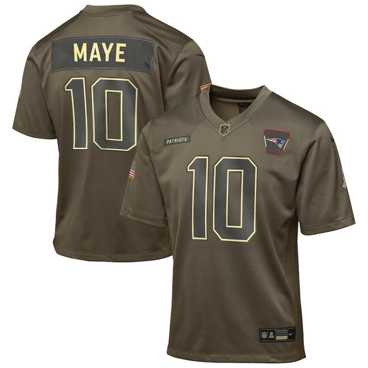 New England Patriots Drake Maye Nike Olive 2025 Salute to Service Game Jersey NFL