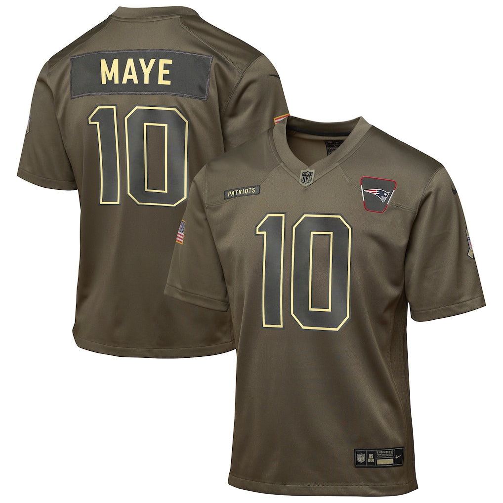 New England Patriots Drake Maye Nike Olive 2025 Salute to Service Game Jersey NFL