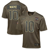 New England Patriots Drake Maye Nike Olive 2025 Salute to Service Game Jersey NFL